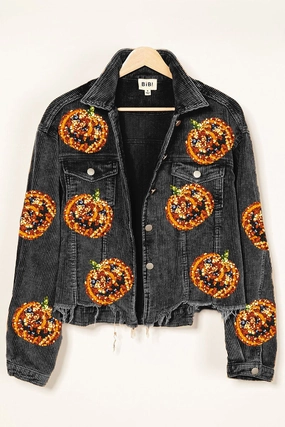 IP6187J-17 | PUMPKIN SEQUIN EMBROIDERY WASHED CORDUROY JACKET Wind Chill Protection