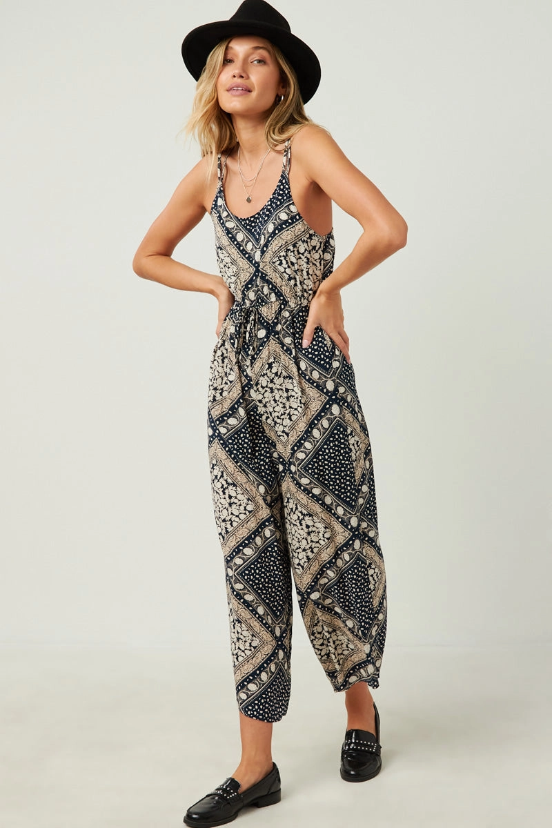 Bandana Print Wide Leg Cross Back Jumpsuit All Season Style Winter Layering