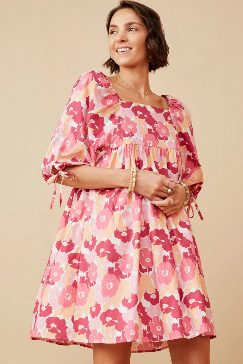 Large Floral Square Neck Puff Sleeve Dress Day Glow Smooth Fit