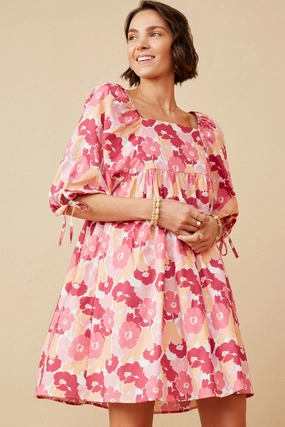 Lounge Feel Large Floral Square Neck Puff Sleeve Dress