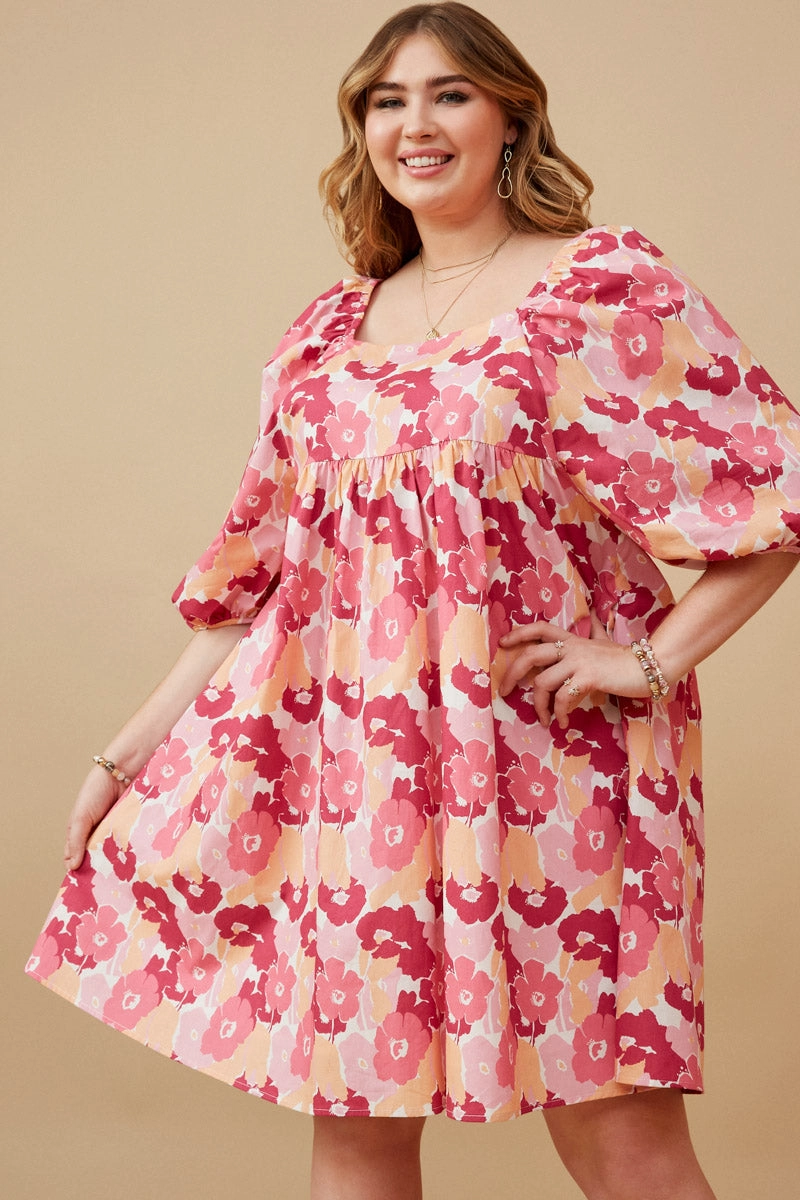 Raglan-Sleeve Sleek Style Large Floral Square Neck Puff Sleeve Dress