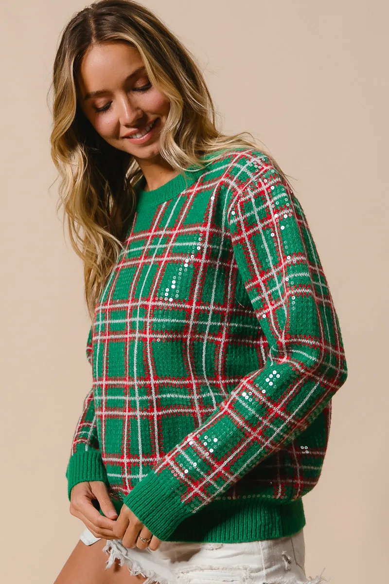 IP8782G-02 | CLEAR SEQUIN PLAID SWEATER Sleek Layer Look Sporty Chic