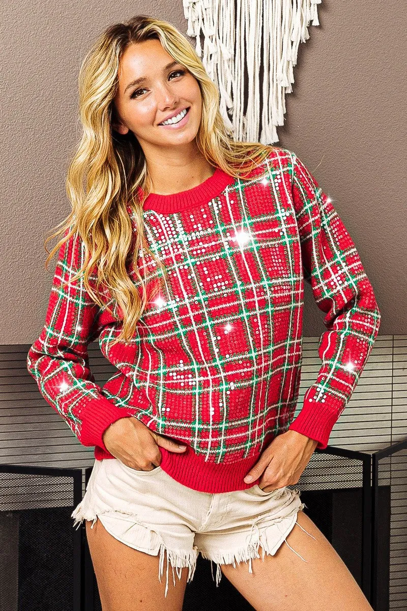 Simple Look IP8782G-02 | CLEAR SEQUIN PLAID SWEATER
