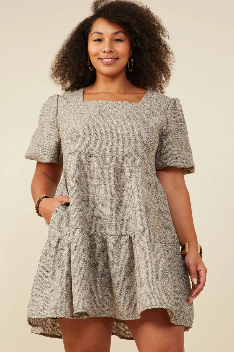 Square Neck Textured Knit Bubble Sleeve Dress Breathable Feel