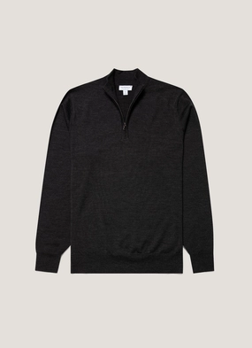 Men's Extra-Fine Merino Zip Neck in Charcoal Melange Wool and cotton sweater Relaxed winter wear
