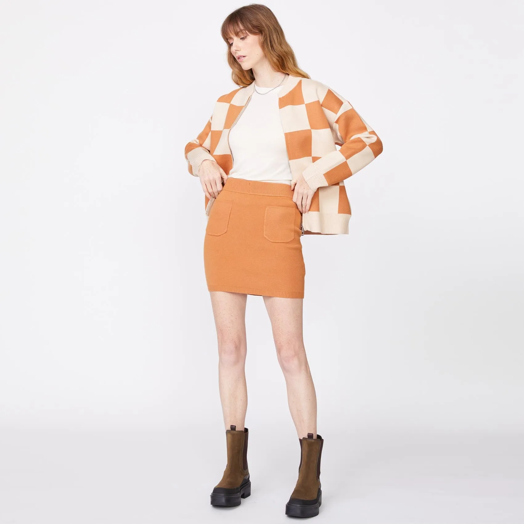 Supersoft Sweater Knit Checkered Bomber Sophisticated Cut