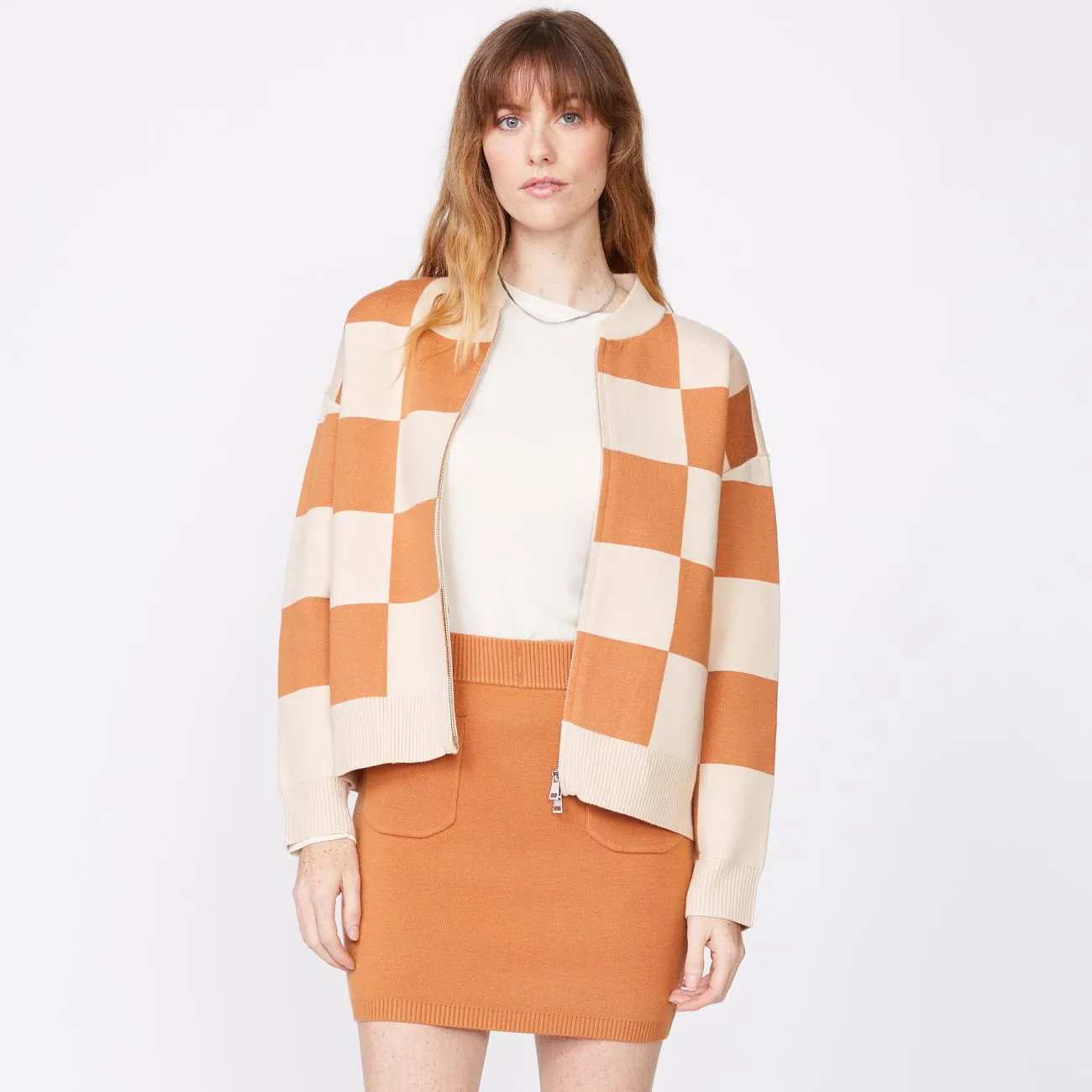 Supersoft Sweater Knit Checkered Bomber Modern Evening Gala Look