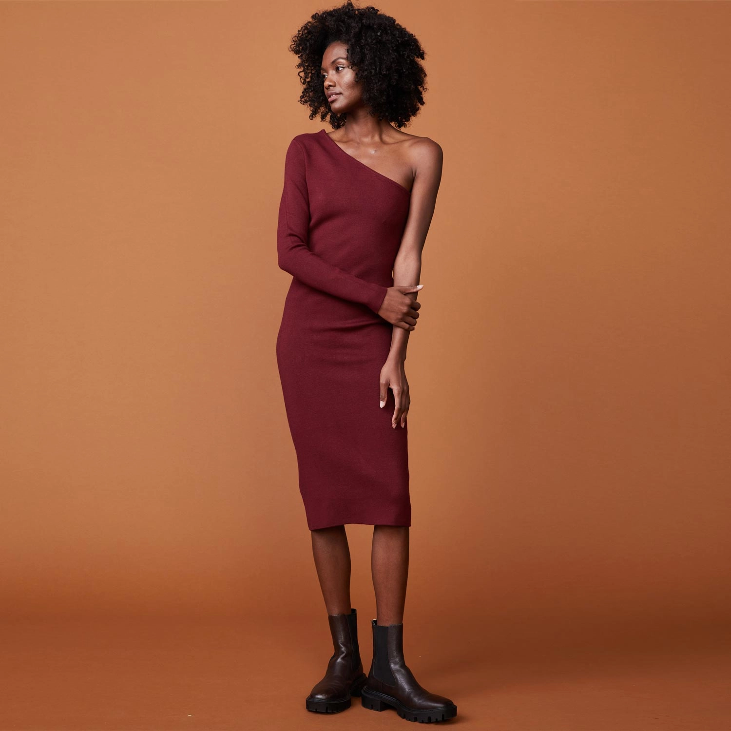 Supersoft Sweater Knit One Shoulder Dress Warm Trend