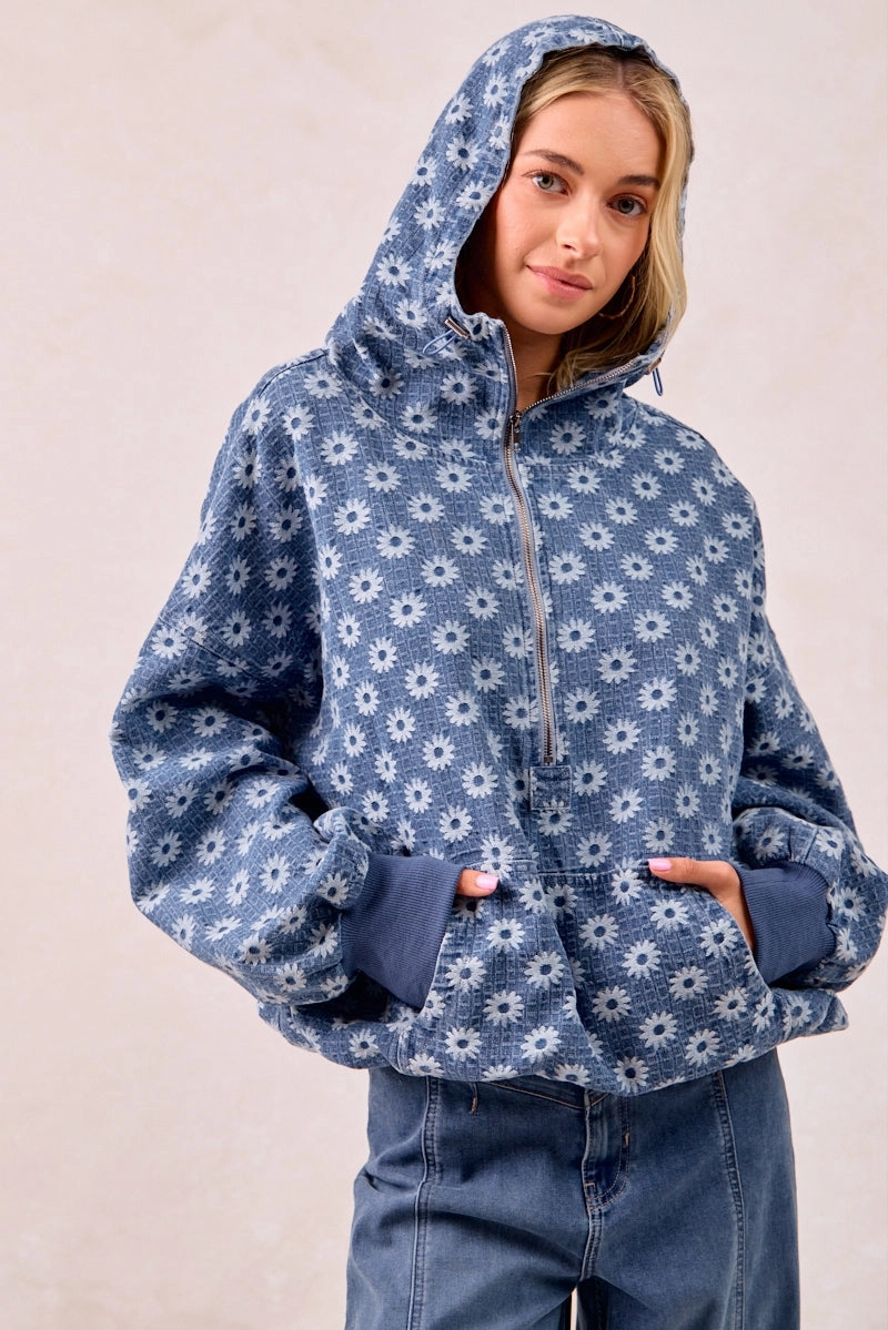 IP8347S-58 | WASHED FLOWER PATTERN DENIM HOODIE TOP Dry Weather Look Stretch Comfort