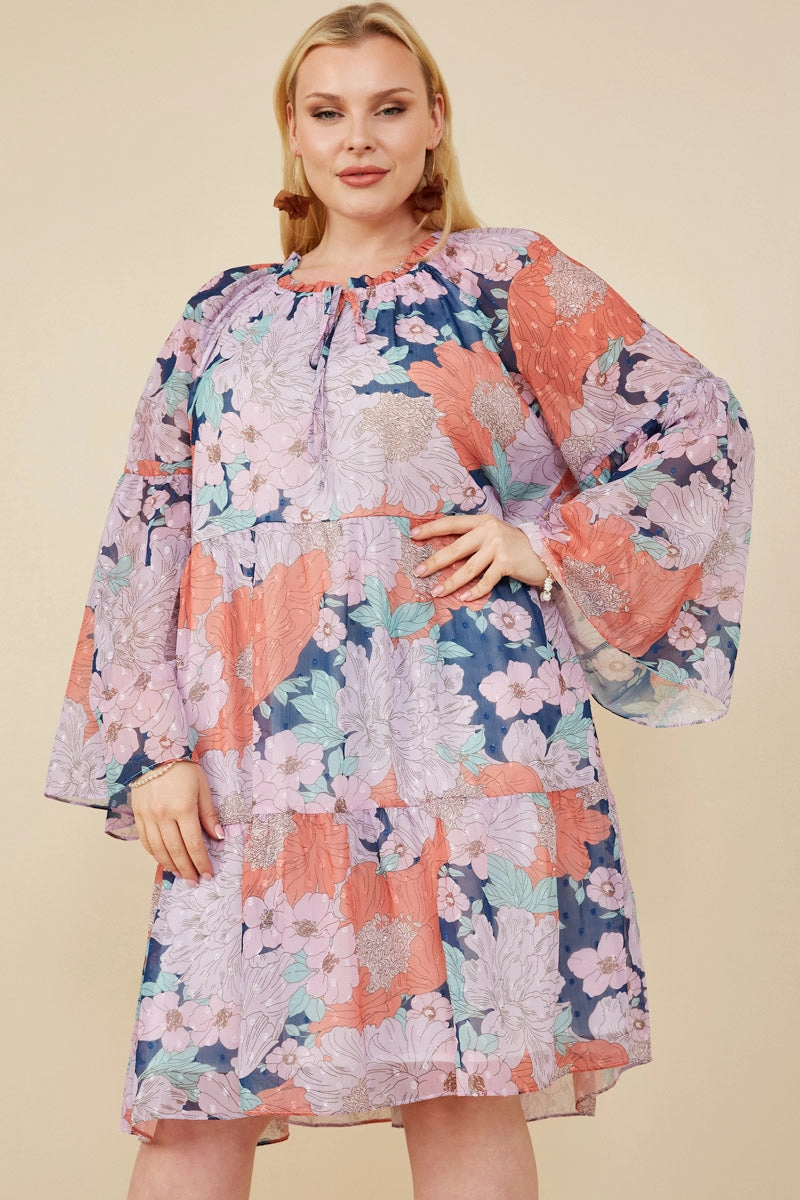 Basic Fashion Swiss Dot Floral Print Tie Neck Dress