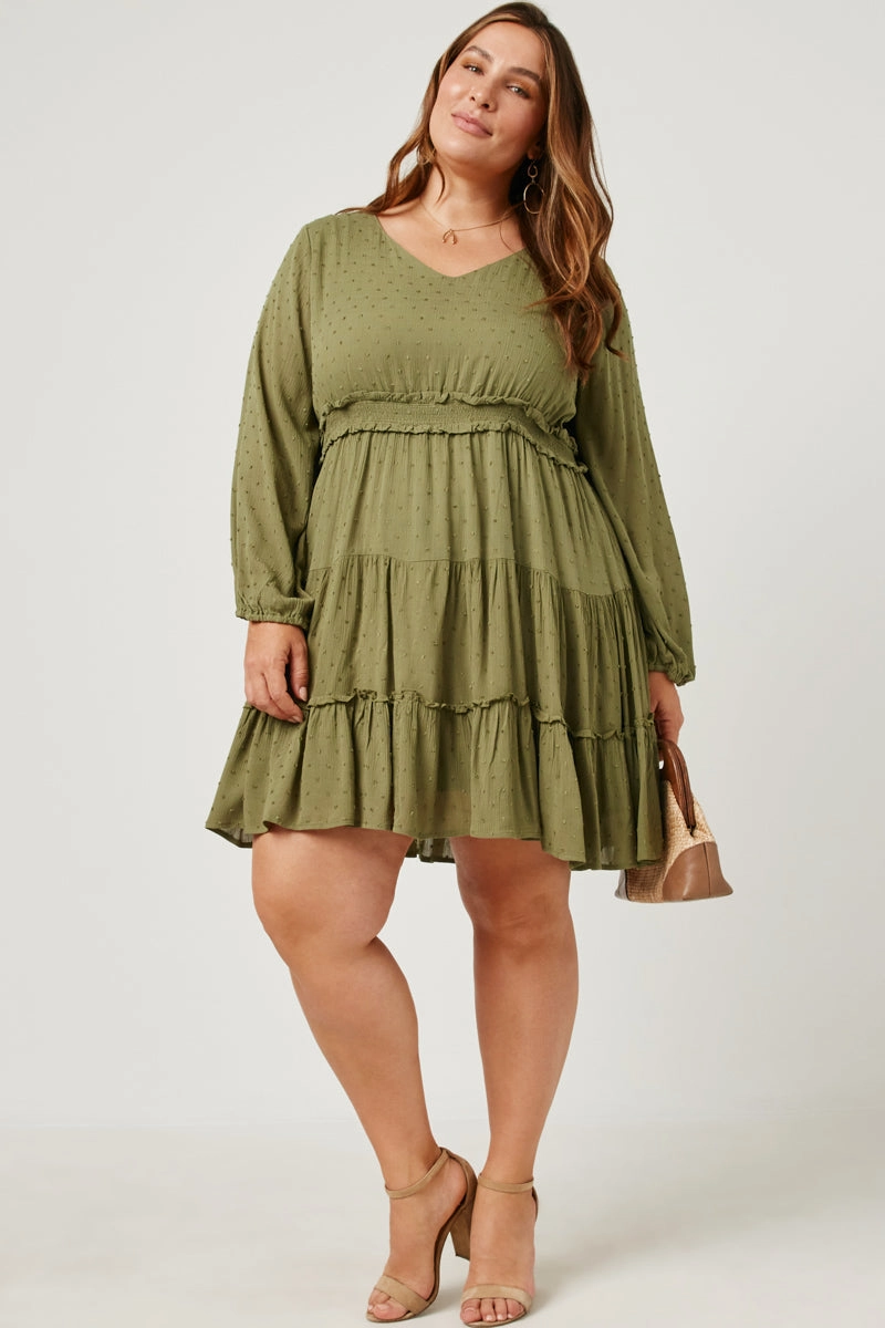 Swiss Dot Smocked Waist Ruffled Long Sleeve Dress Luxe Appeal Casual chic dress