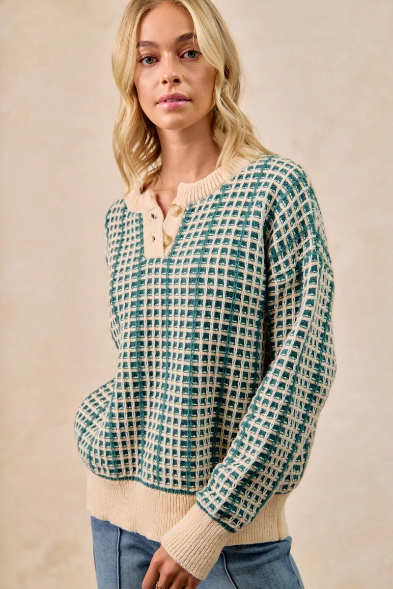Timeless Style Waist String IT4598K-01 | TWO TONE CHECKERED QUARTER BUTTON SWEATER TOP
