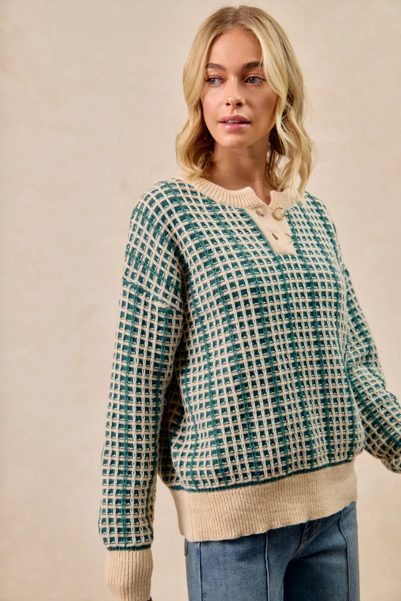 Everyday Layers IT4598K-01 | TWO TONE CHECKERED QUARTER BUTTON SWEATER TOP