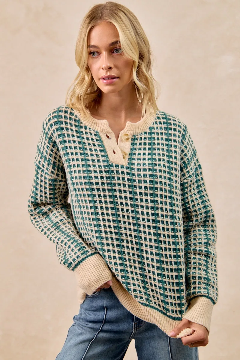 IT4598K-01 | TWO TONE CHECKERED QUARTER BUTTON SWEATER TOP Sleek Outdoor Look All Ground