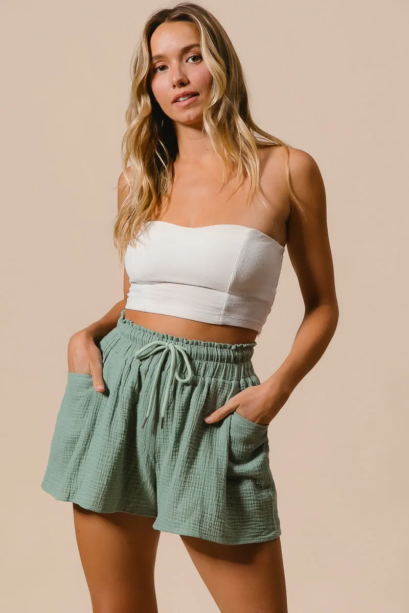 IB1383S-01 | CRINKEL GAUZE SIDE POCKET WAIST TIED SHORTS Loose Fit