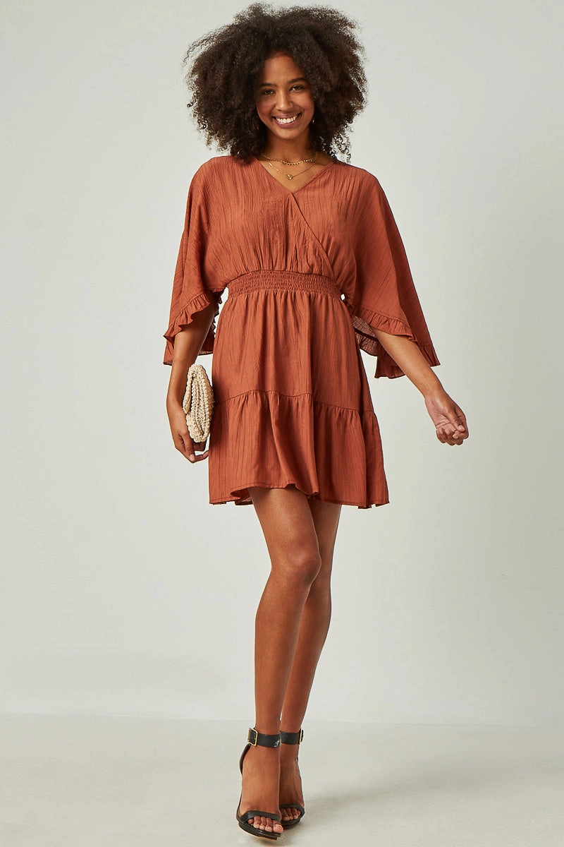 Exaggerated Open Ruffled Dolman Sleeve Dress Smooth Feel