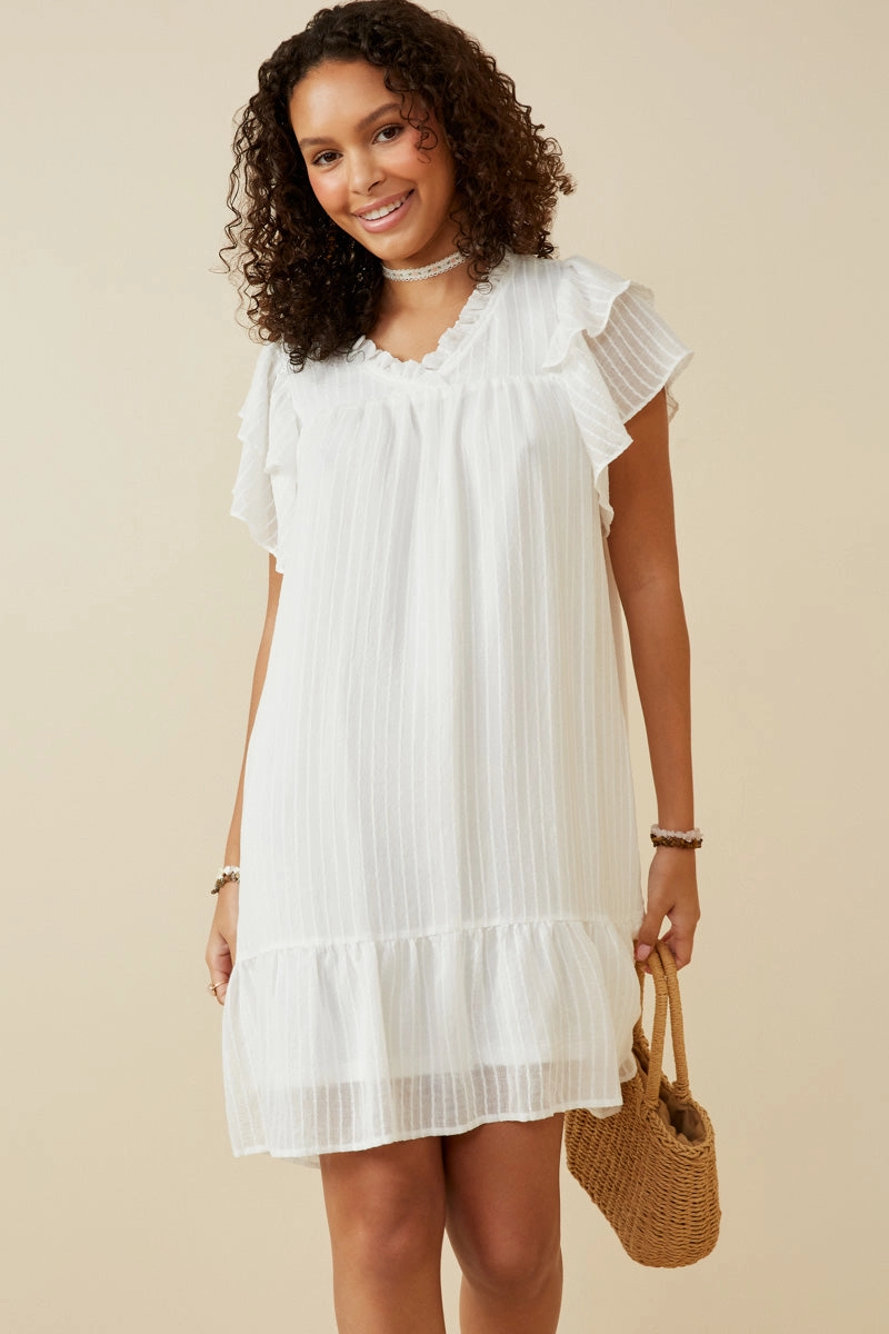 Texture Striped Ruffle Sleeve V Neck Dress Active Outfit Convertible-Style