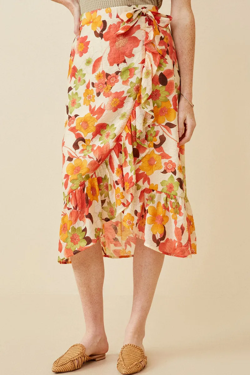 Textured Bold Floral Asymmetric Ruffle Tie Skirt Boho chic Stretch fit