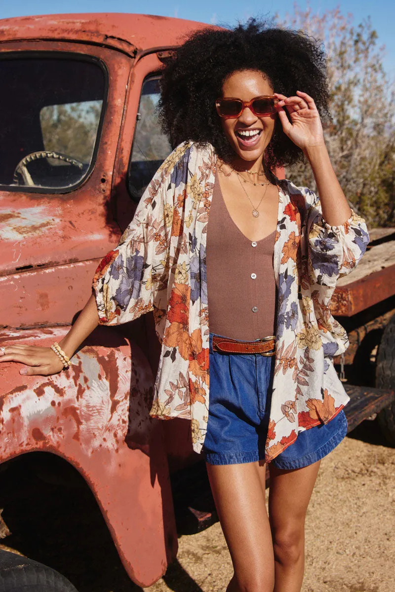 Cozy Street Style Textured Floral 3/4 Sleeve Open Kimono