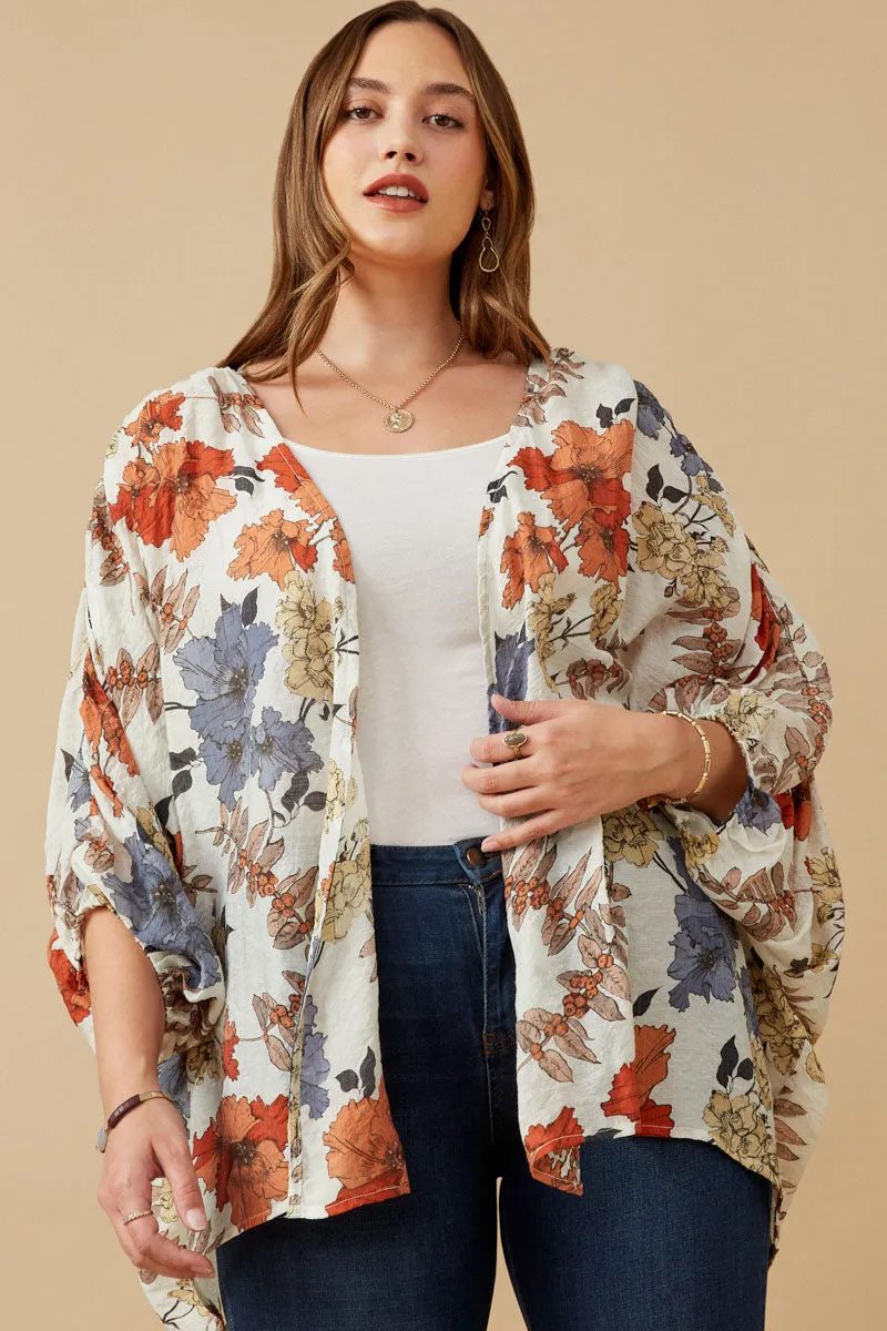 Lightweight Layer Textured Floral 3/4 Sleeve Open Kimono