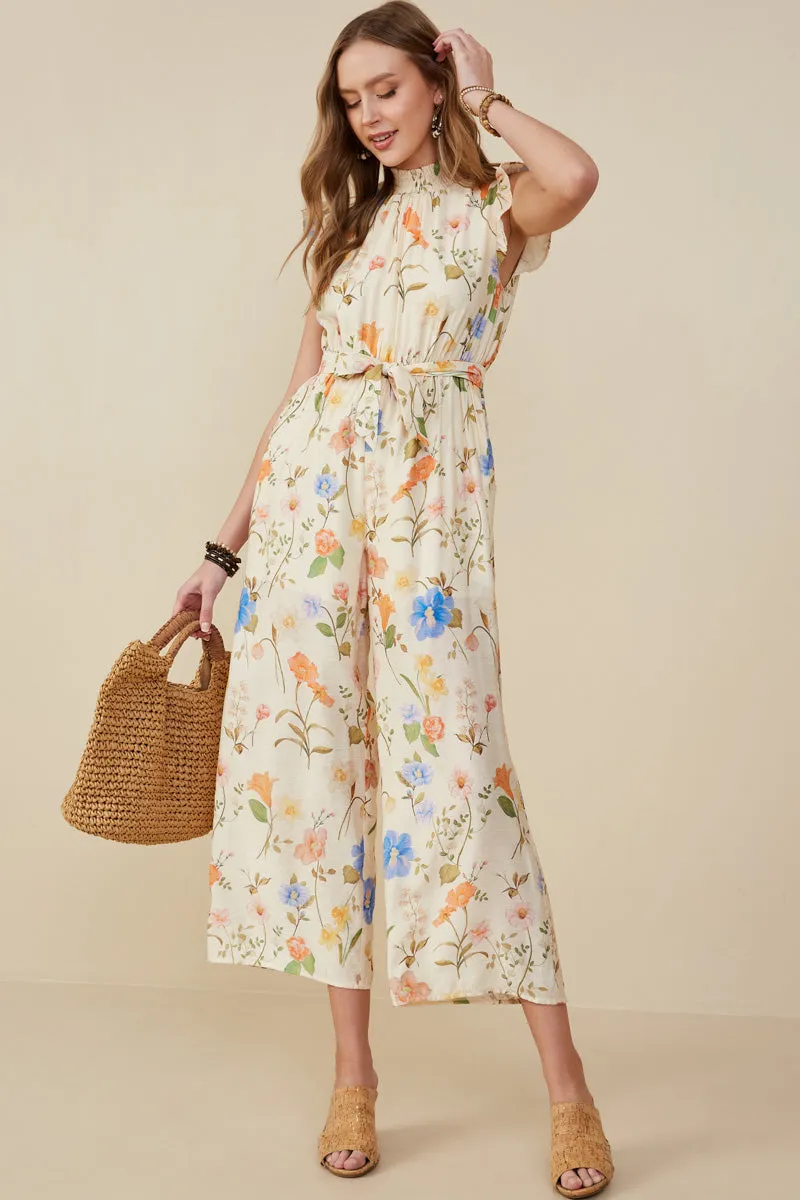Office Style Youthful Feel Textured Floral Smock Neck Sleeveless Jumpsuit