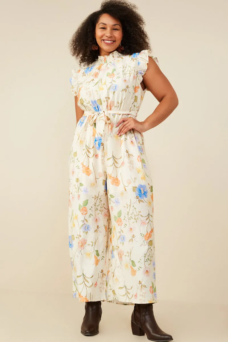 Romantic Soft Church Scene Textured Floral Smock Neck Sleeveless Jumpsuit