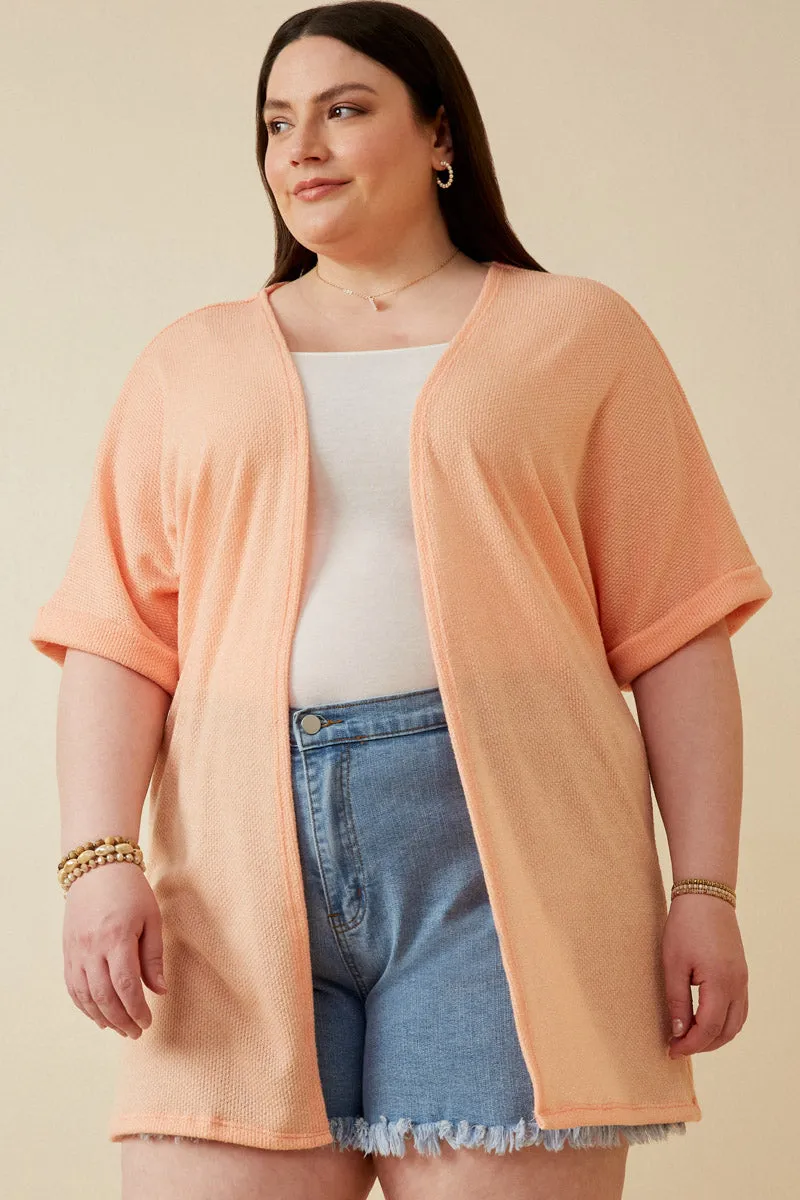 Layered Look Fleece Inside Textured Knit Roll Sleeve Open Kimono