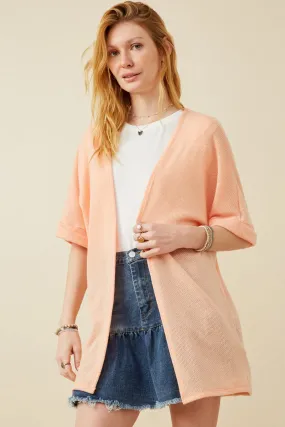 Structured Casual Fit Textured Knit Roll Sleeve Open Kimono