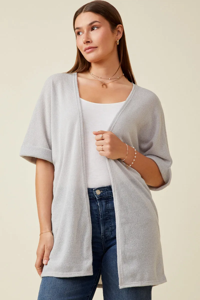 Textured Knit Roll Sleeve Open Kimono Active Urban Layer