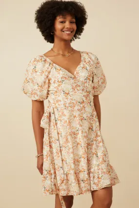 Textured Needlepoint Floral Belted Wrap Dress Smooth Detail