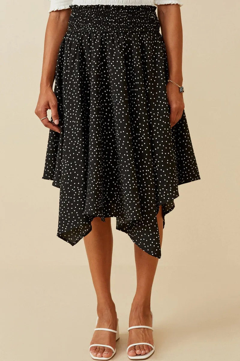 Easy Wear Lightweight Textured Polka Dot Smocked Waist Handkerchief Hem Skirt