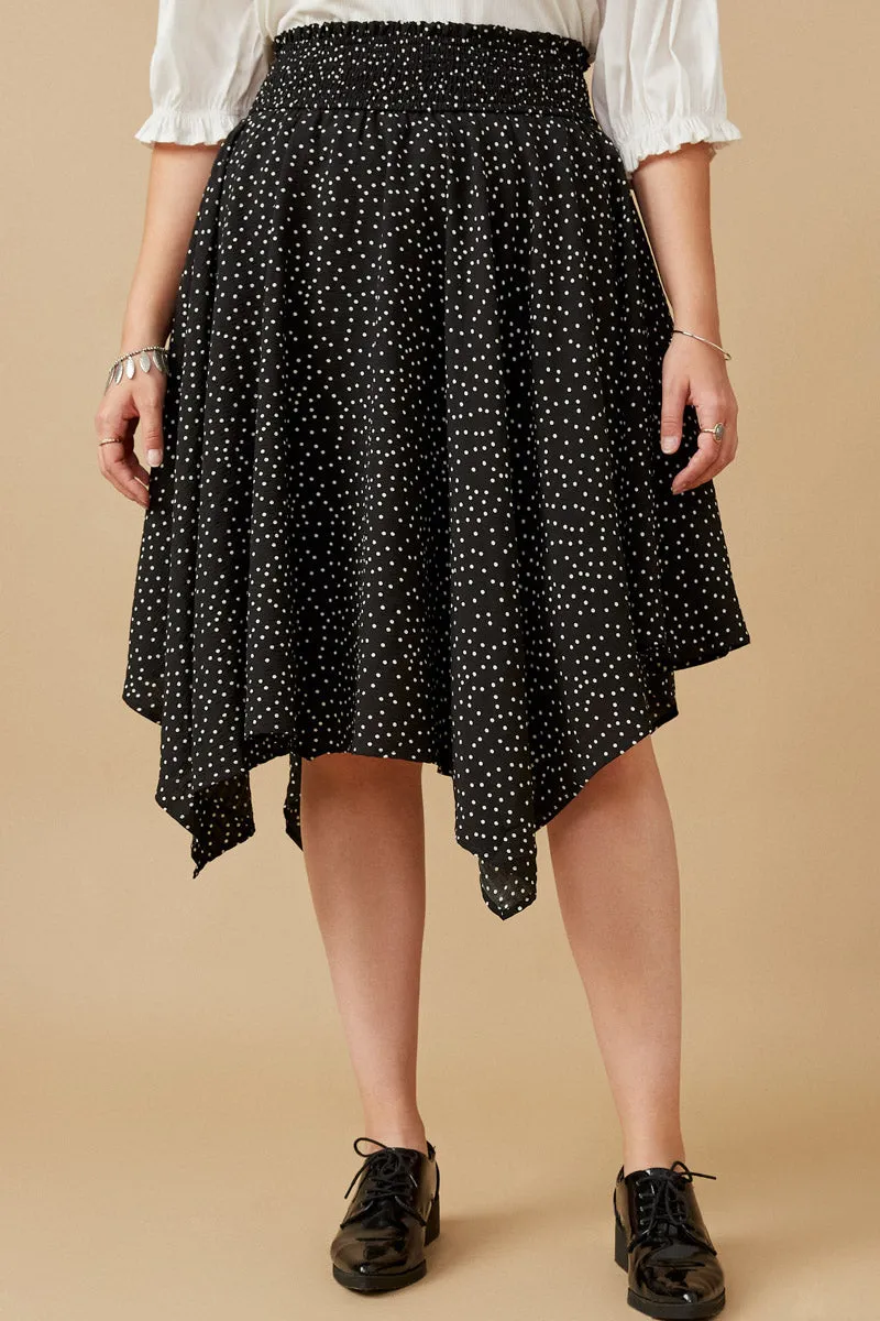Textured Polka Dot Smocked Waist Handkerchief Hem Skirt Urban Utility