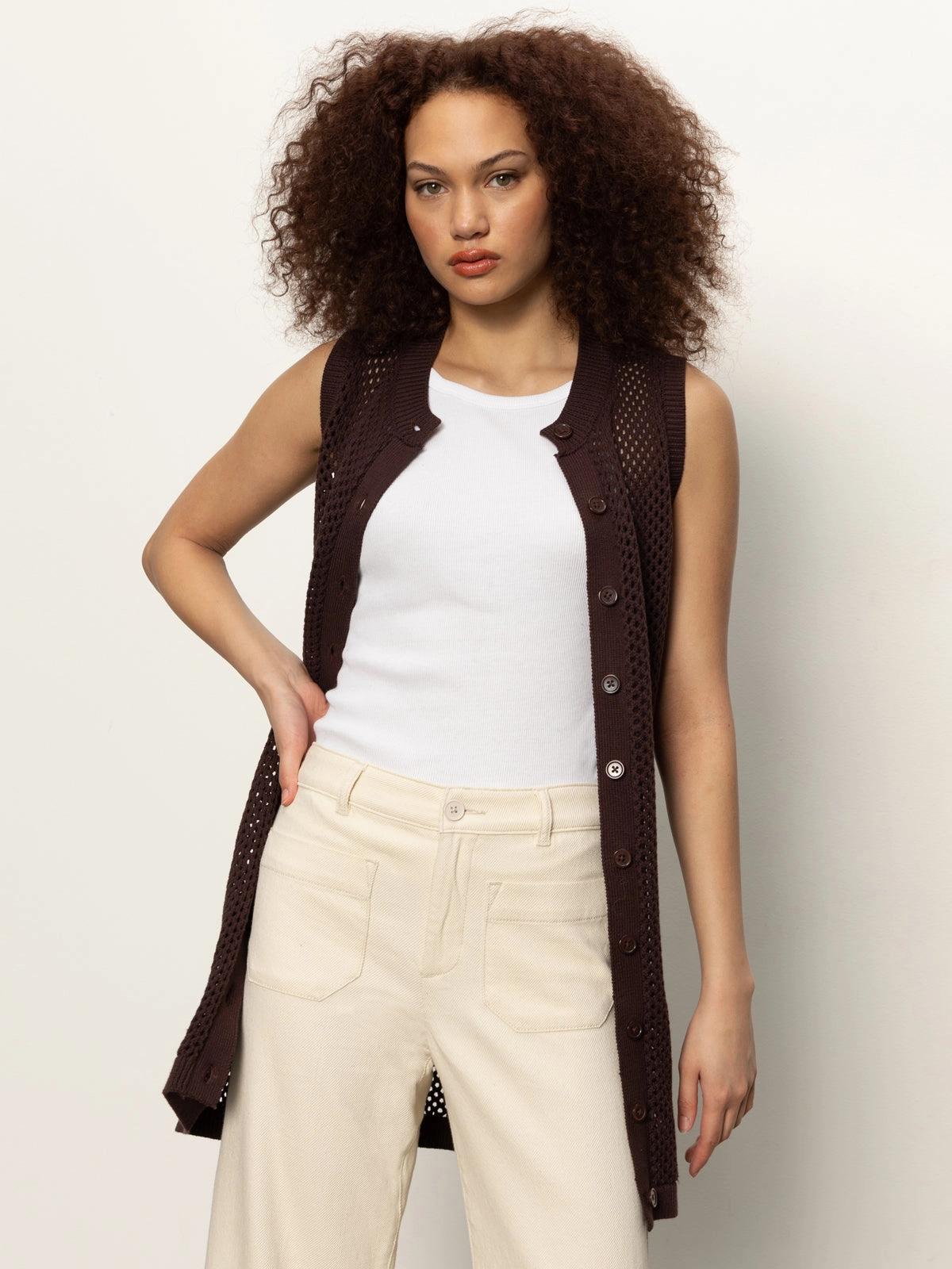 Textured Fabric Long Openwork Vest Mesa