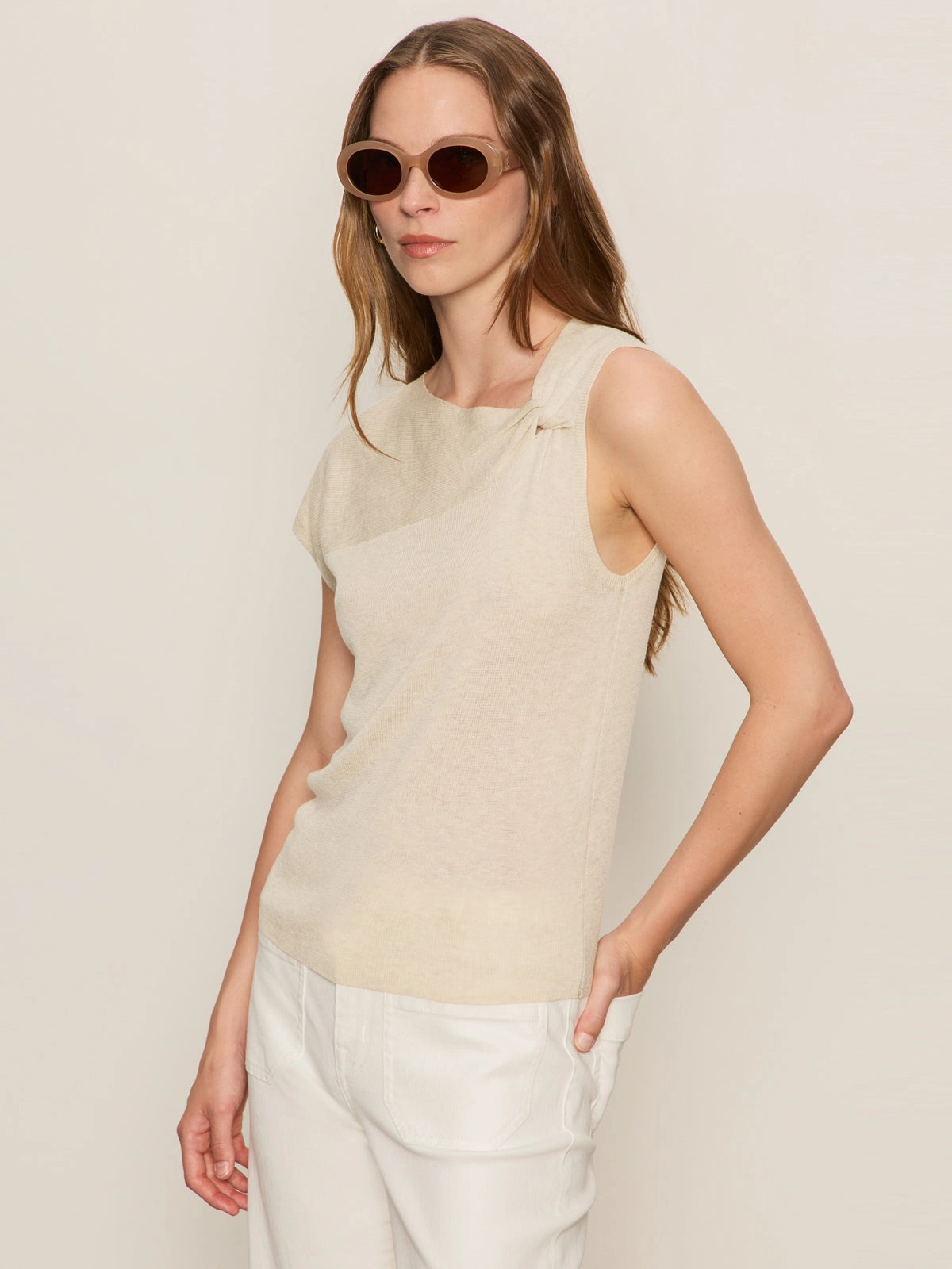 Textured Fabric Shoulder Twist Top Heather Pearl