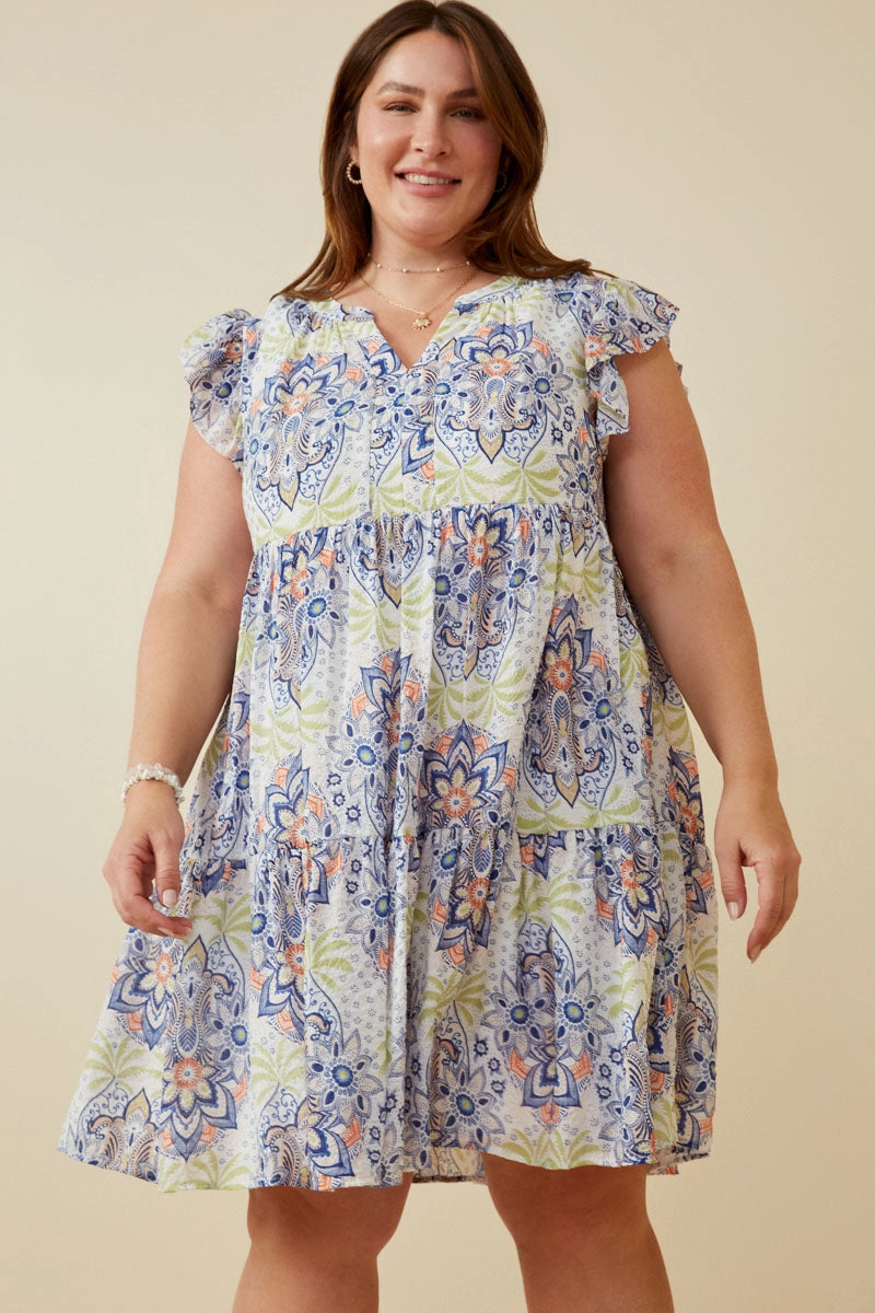 Textured Floral Mandala Print Ruffled Tank Dress Texture Mood