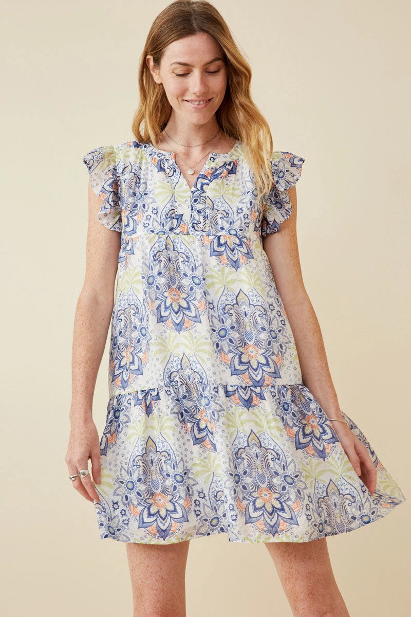 Textured Floral Mandala Print Ruffled Tank Dress Chic Rhythm Romantic Mood