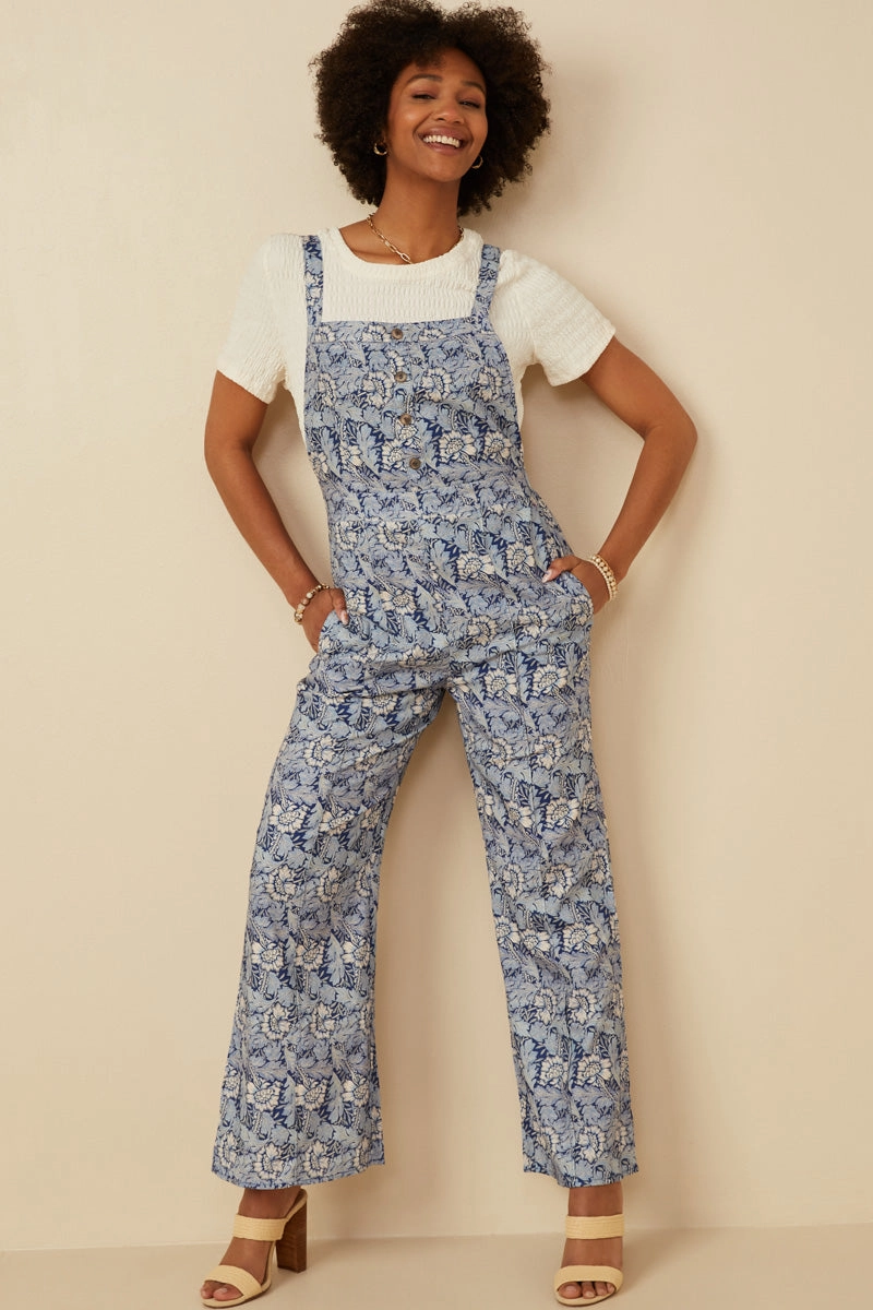 Texture Blend Textured Floral Print Wideleg Overall Jumpsuit