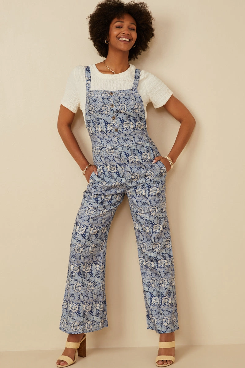 Pure Lines Textured Floral Print Wideleg Overall Jumpsuit