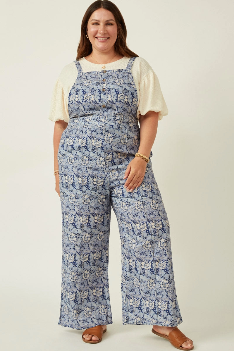 Textured Floral Print Wideleg Overall Jumpsuit Daily Ready Soft Composition