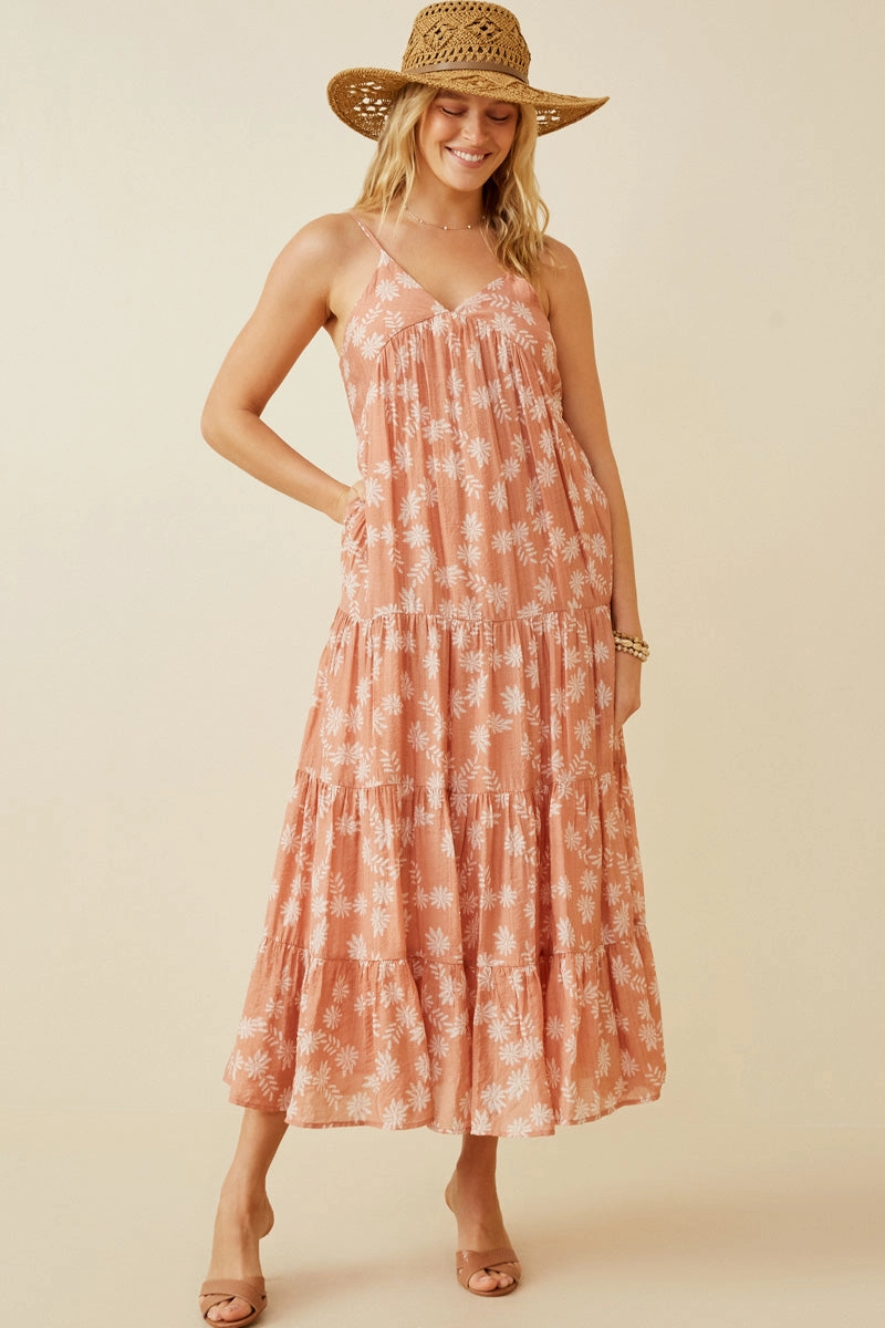 Chill Wear Skin-friendly Textured Floral Smocked Back Tiered Dress