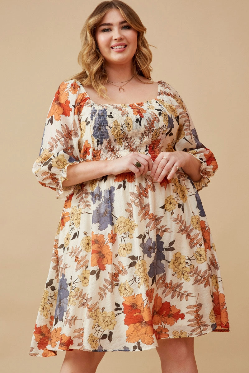 Casual Essential Textured Floral Smocked Square Neck Dress