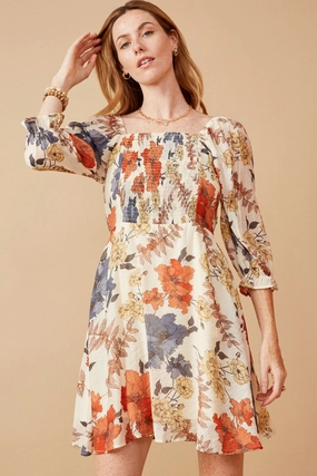 understated look Textured Floral Smocked Square Neck Dress