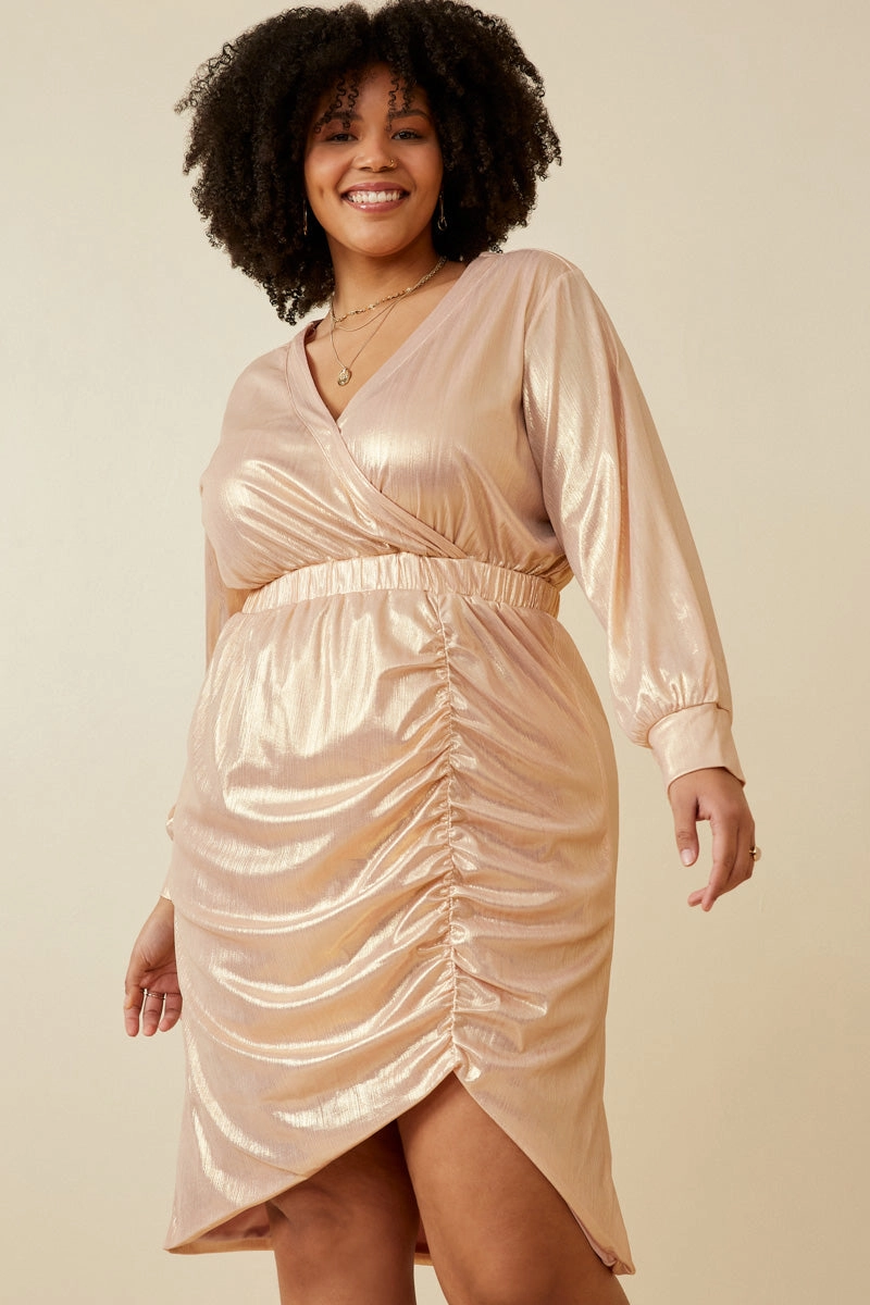 Gentle Texture Curve Friendly Textured Iridescent Long Sleeve Wrap Dress