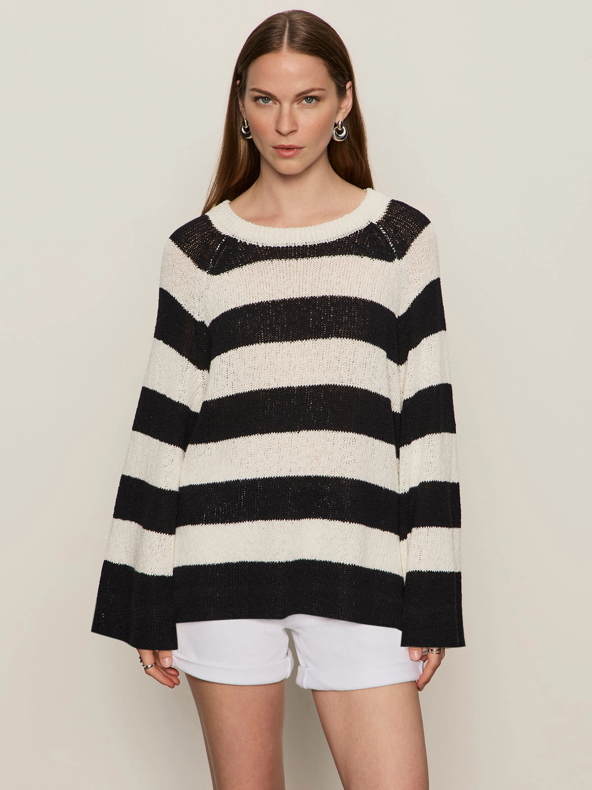 Textured Raglan Crew Sweater Chalk/ Black Stripe soft fit