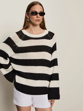 Sweet Style Textured Raglan Crew Sweater Chalk/ Black Stripe