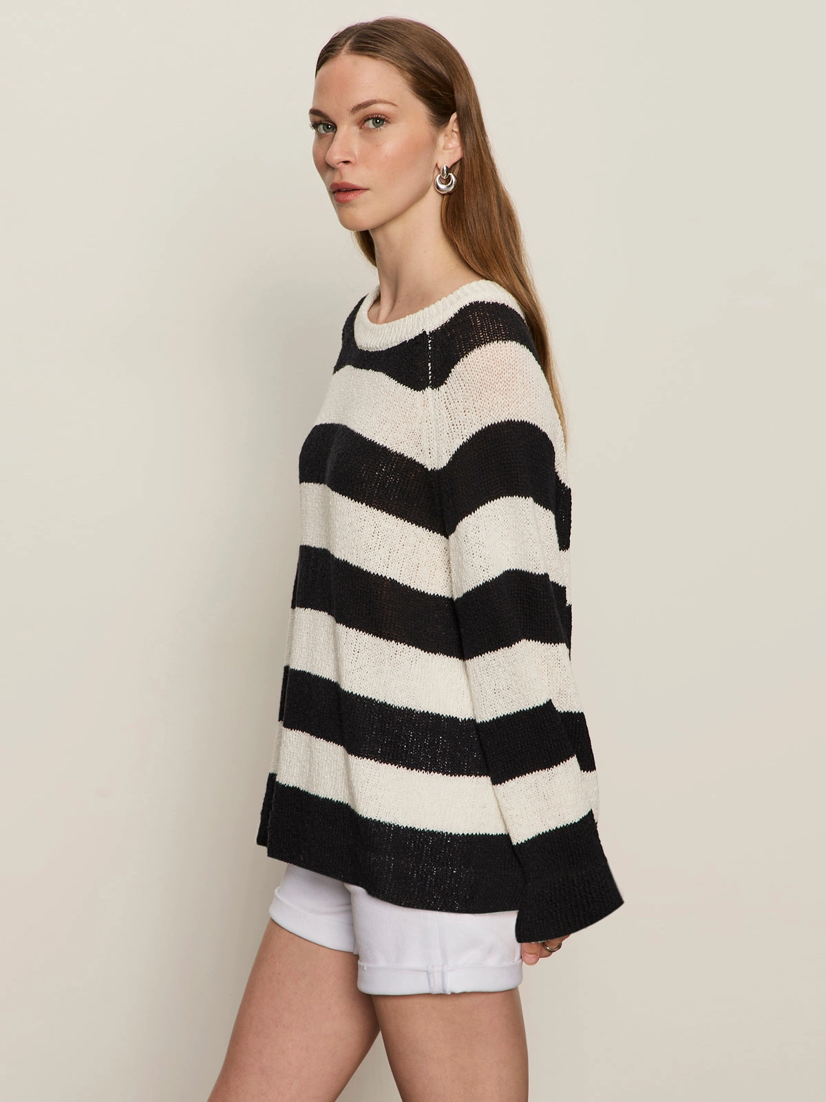 Textured Raglan Crew Sweater Chalk/ Black Stripe soft fit