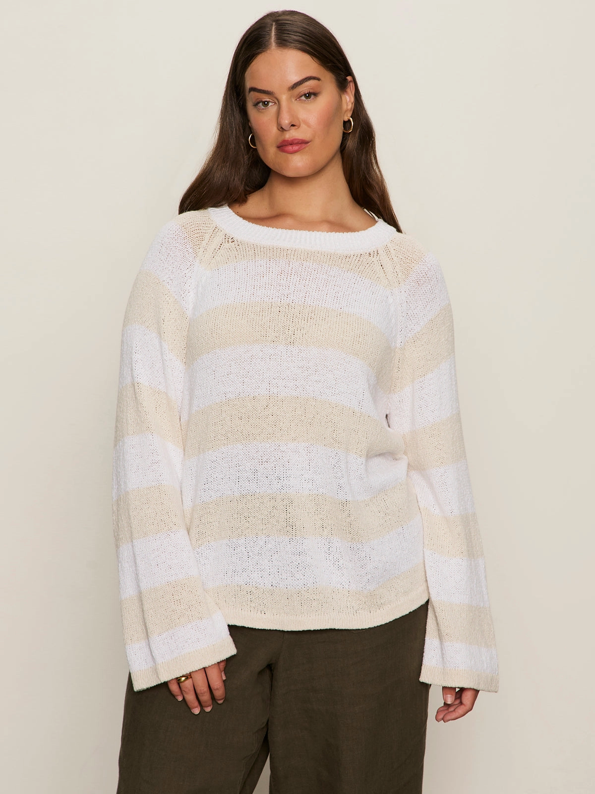 Textured Raglan Crew Sweater White/ Light Oat Stripe Extended Sizing Modern Draping