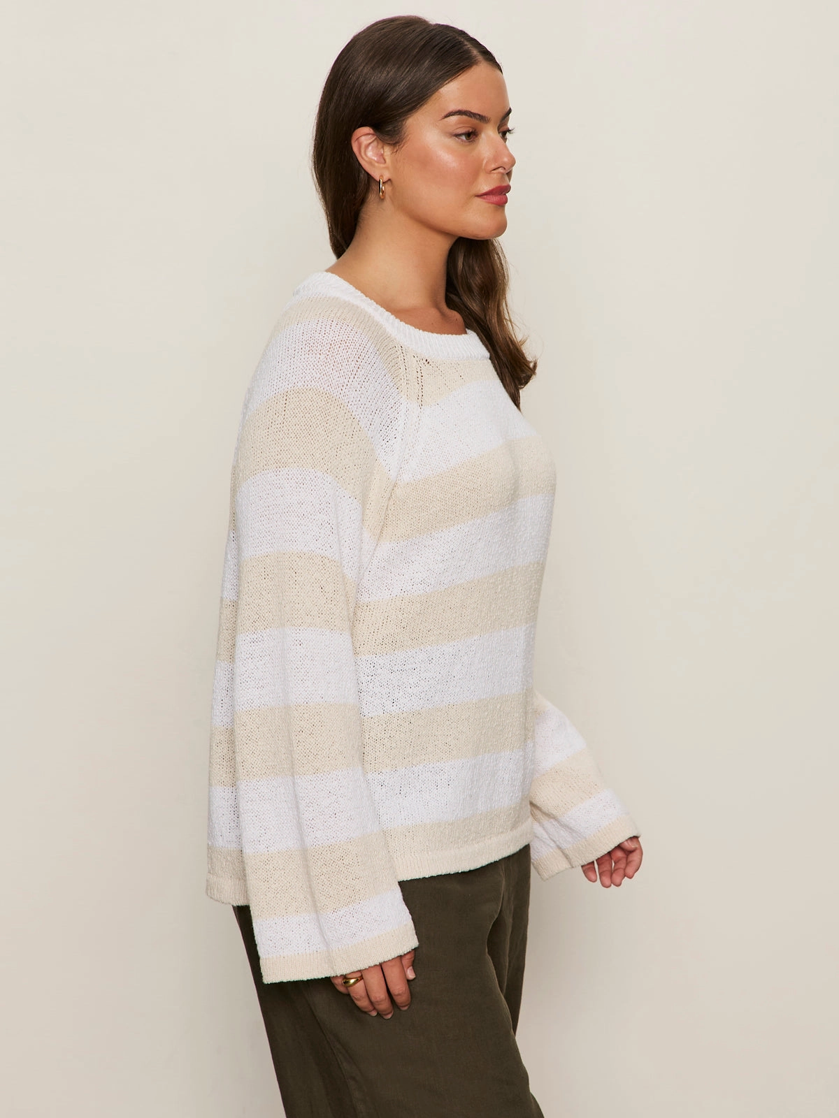 Textured Raglan Crew Sweater White/ Light Oat Stripe Extended Sizing Modern Draping