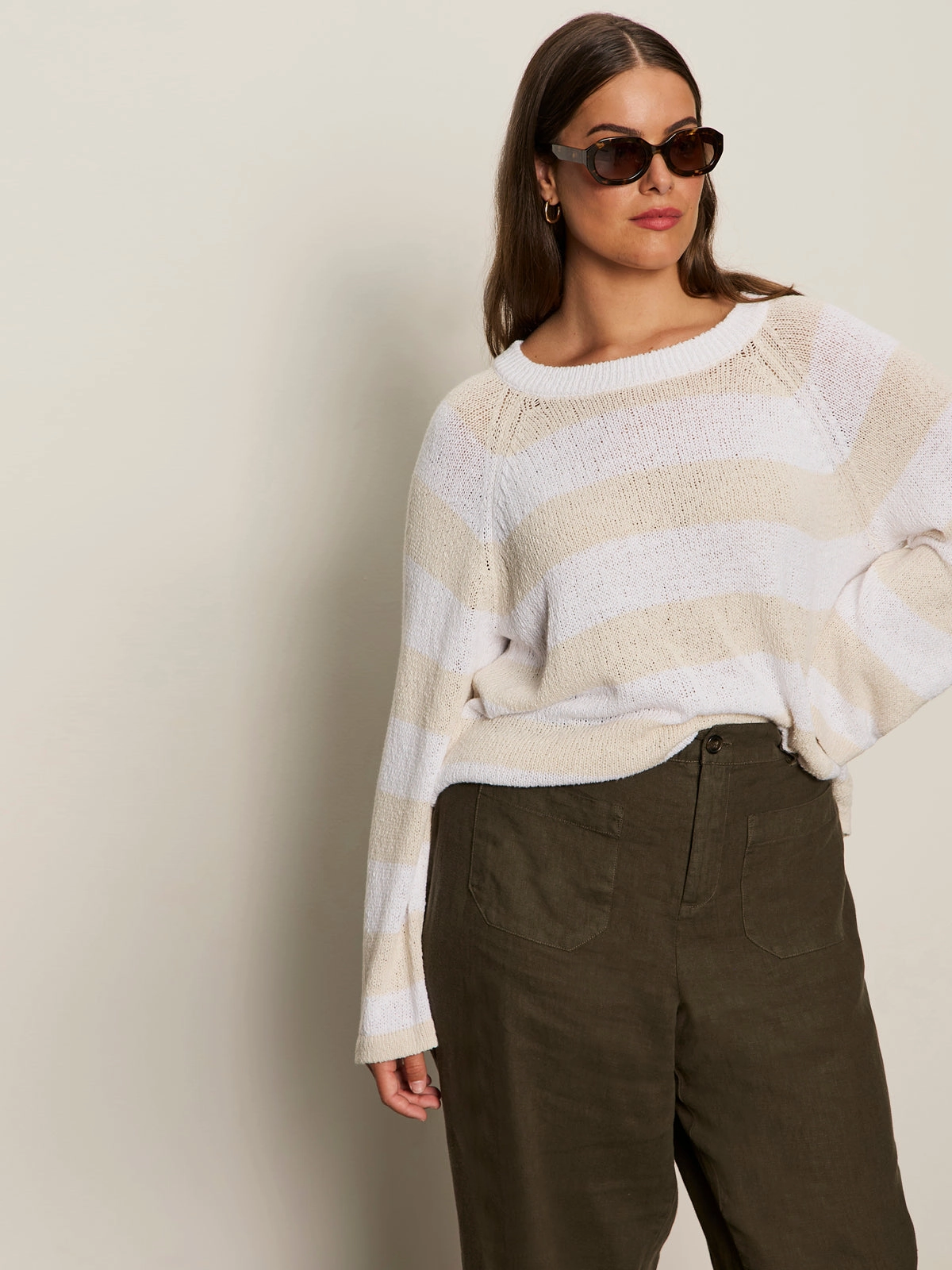 Textured Raglan Crew Sweater White/ Light Oat Stripe Extended Sizing Office Outfit