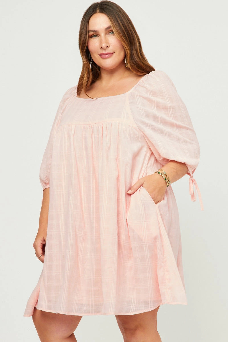 Textured Solid Checkered Tie Sleeve Square Neck Dress Back-Zip Refined Mood